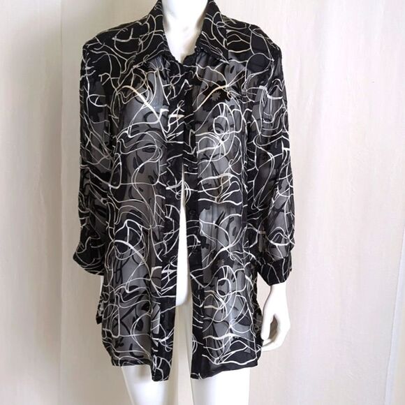 Carol Little Black and White Sheer Print Blouse 2X - Picture 3 of 7